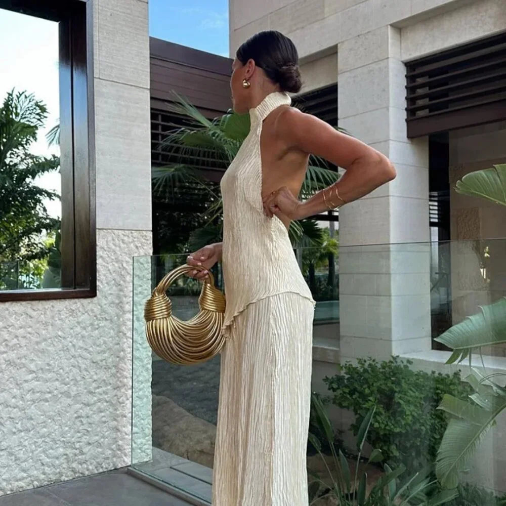 Commense Asymmetric Halter Top, Champagne, Beige, Ruffle Texture - Picture 4 of 4